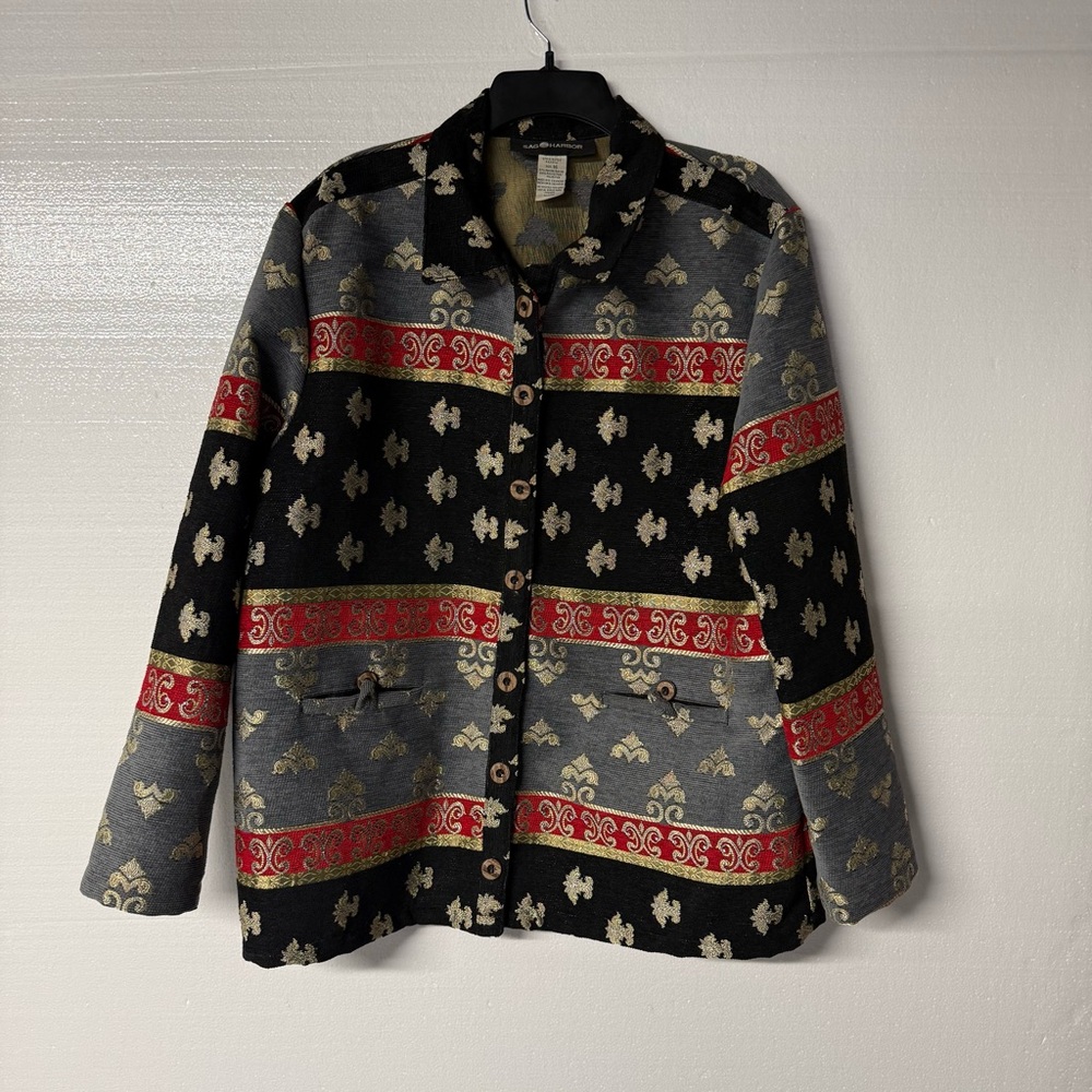 Sag Harbor Blazer Jacket Women 16 Rayon Artsy Art To Wear Asian Inspired Button